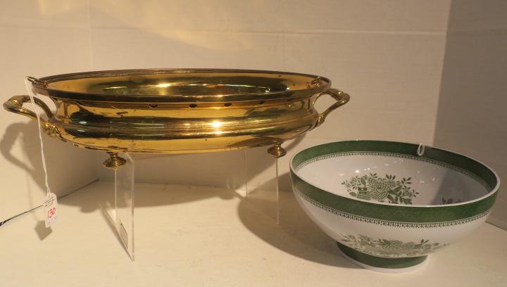 Two Great Names, SPODE Bowl & CHRISTOFLE Chafing Dish: Two Great Names, SPODE Bowl & CHRISTOFLE Chafing Dish Spode Copeland Bowl, Fitzhugh Pattern, Green & White. Patterns on Exterior & Interior. 5"T, 10" Dia. 1901-1950. No Chips or Cracks. Christofle Bra