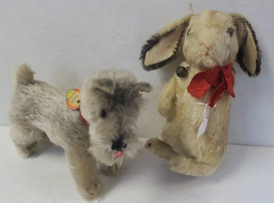 Vintage STEIFF "Tessie" and "Hase" Begging Bunny:: Vintage STEIFF "Tessie" and "Hase" Begging Bunny: Tessie the Schnauzer is Gray Mohair with Black/Brown Glass Eyes. Swivel Head, Red Collar with Paper Tag. Nickle Button with Yellow Cloth Tag. 8 1/2"T,