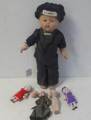 Vintage Sailor Boy Composition Doll, Small Dolls:: Vintage Sailor Boy Composition Doll, Small Dolls: Composition Doll Wears a Black Sailor Outfit and Hat with US Navy. 13"T. Painted Eyes and Mouth, Missing Thumb. 2 Ceramic Chinese 3 3/4"T Dolls with J
