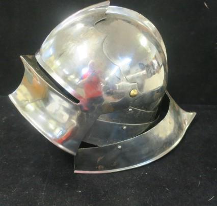 SALLET MEDIEVAL HELMET, Replica, Used CA 1300-1500:: SALLET MEDIEVAL HELMET, Replica, Used CA 1300-1500: Steel Helmet with Moveable Visor and Crest. Style Worn by Men at Arms in the War of the Roses as it Protected Both the Face and Back of Neck. Silver