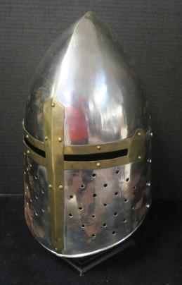 Medieval SUGARLOAF HELMET Great Helm. Replica:: Medieval SUGARLOAF HELMET Great Helm. Replica: Crusader Style Enclosed Helmet with Great Cross Across Eyes and Forehead to Chin. Perfect for the Renaissance Festival Joust. Holes in Front Allow for Go