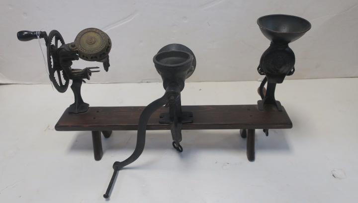 Antique Apple Peeler, Juicer and Grinder:: Antique Apple Peeler, Juicer and Grinder: Hand Cranked Apple Peeler Marked "Made Only by the Reading Hardware Co". Landers, Frary & Clark Juicer/Grinder. Unmarked Cast Iron Meat Grinder. All Mounted o