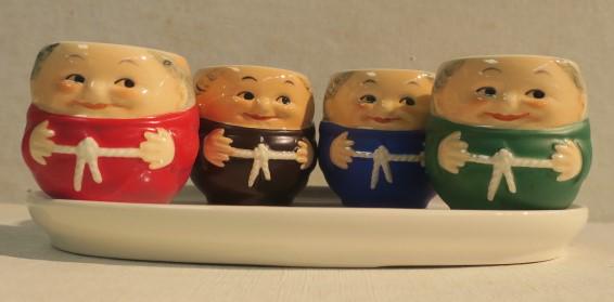 GOEBEL, Four Friar Tuck Cordial and White Tray:: GOEBEL, Four Friar Tuck Cordial and White Tray: Brown, Blue, Red and Green Friar Cordials and Oval Tray. Goebel, Germany Mark and Original Packaging. (50-100)