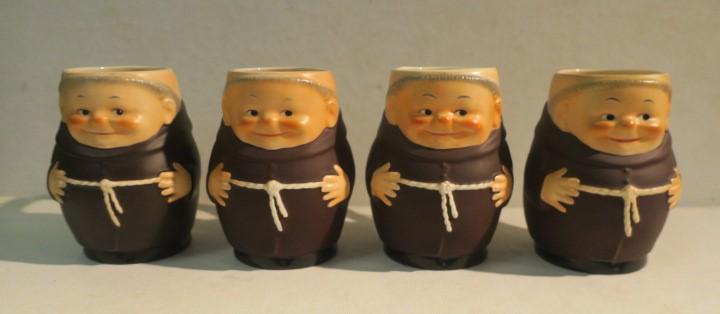 GOEBEL, Four Brown Friar Tuck 5 1/2" Mugs, TMK 2:: GOEBEL, Four Brown Friar Tuck 5 1/2" Mugs, TMK 2: GOEBEL Small Bee Mark. (100-300)