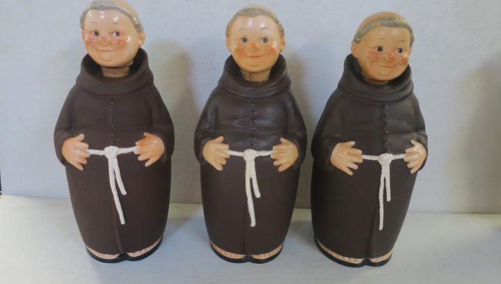 GOEBEL, Three "Fat" Friar Tuck Decanters, TMK 2:: GOEBEL, Three "Fat" Friar Tuck Decanters, TMK 2: Brown, with Bee Marks, 11" Tall. (100-200)