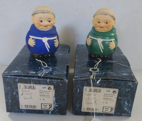 GOEBEL, Two Rare Friar Tuck Banks, Green and Blue:: GOEBEL, Two Rare Friar Tuck Banks, Green and Blue: Sparmoench Friar Tuck, 50-029-13, 11.2CM/ 4 1/2". New in Box in Original Packaging. (200-400)