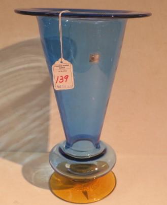BLENKO Handmade Glass Trumpet Form Blue & Amber Vase:: BLENKO Handmade Glass Trumpet Form Blue & Amber Vase: Large Blue Vase with Flat Rim and Bulbous Base has Amber Foot. Blenko Sticker Used from 1982-1999. 13"T, 8 1/2"W at Top. (100-200)