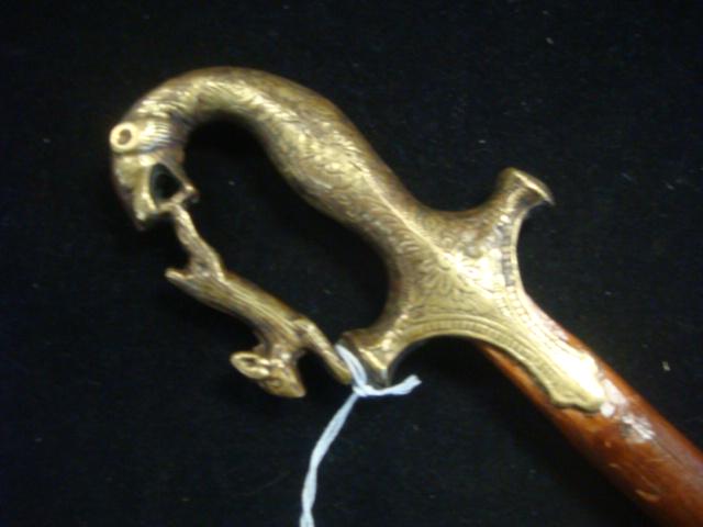 Vintage Brass Topped JAGUAR CATCHES RABBIT Cane:: Vintage Brass Topped JAGUAR CATCHES RABBIT Cane: Brass Jaguar and Rabbit Sword Hilt and Handle Grip on Wooden 39" Cane with Rubber Tip. (100-200)