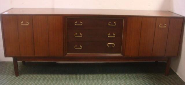 GRANGE Mahogany Long and Low Modern Buffet/Credenza:: GRANGE Mahogany Long and Low Modern Buffet/Credenza: Three Center Drawers, the Top Fitted for Silverware. Side Cabinets with Fold out Doors all with Modern Brass Hardware. Round Tapered Legs. Few Top 
