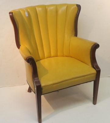 Sunshine Yellow Channel Back Arm Chair:: Sunshine Yellow Channel Back Arm Chair: Wing Chair with Rolled Arms, Mahogany Stiles, Arm Fronts, and Legs. Brass Brads at all Edges. Square Tapered Front Legs. Back Legs Swept Back. 27 1`/2" to Back,