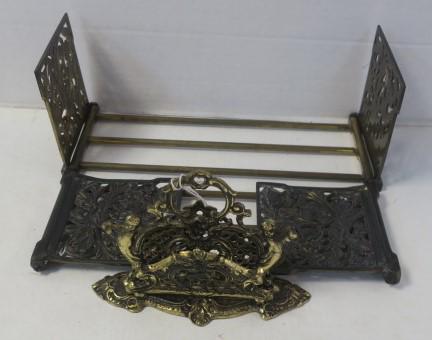 Two Braced Metal Book Holders & Brass Letter Holder:: Two Braced Metal Book Holders & Brass Letter Holder: One Book Holder Adjusts from 12 1/2" to 23". Other is 12 1/2" but Won't adjust. Has VP 1907 in the Open Floral Pattern Ends. Fold Down Ends for Sto
