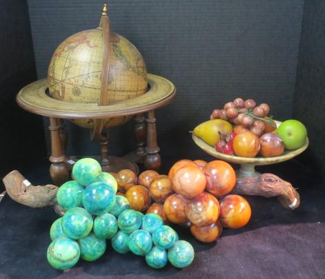 Marble Bowl w/Stone Fruit & 2 Grape Clusters, & Globe:: Marble Bowl w/Stone Fruit & 2 Grape Clusters & Globe: 10"W Marble Pedestal Bowl Holds Stone Grapes, Cherries, Pears, Lemon, Peach, Tangerine and Banana. 2 Large Grape Clusters are 14" and 15"L. Wooden