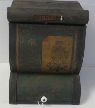 Tin Litho Country Store Spice Cabinet:: Tin Litho Country Store Spice Cabinet: Lift Top has Turning Label to Show Ginger, Mustard, Cloves, Cr of Tarter, Cinnamon, Allspice, Pepper and Baking Powder. Roll Up Bottom Compartment with Porcelain