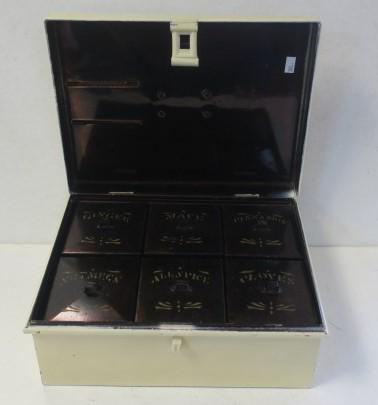 Late 1800's Antique KREAMER Tin Spice Box:: Late 1800's Antique KREAMER Tin Spice Box: Inside of Box has Original Finish and 6 Spice Boxes Marked Ginger, Mace, Cinnamon, Nutmegs, Allspice and Cloves. Outside of Box has Been Painted. Some Rust i