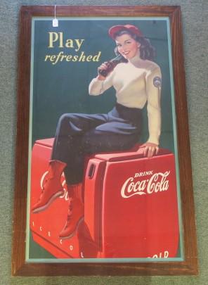 Vintage 1948 Coca-Cola "Play Refreshed" Poster:: Vintage 1948 Coca-Cola "Play Refreshed" Poster: Cardboard Poster Features Female Skier Relaxing on Coke Machine. "Copyright 1948 The Coca-Cola Company" on the Lower Left, "Litho. in U.S.A. by Niagara 