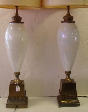 Pair of Mid-Century Modern White Opalescent Lamps:: Pair of Mid-Century Modern White Opalescent Lamps: Table Lamps w/Sleek Glass Inserts, Brassed Metal collar, Foot, and Stepped Square Base . 48"T. Beige Drum Shades. (50-100)