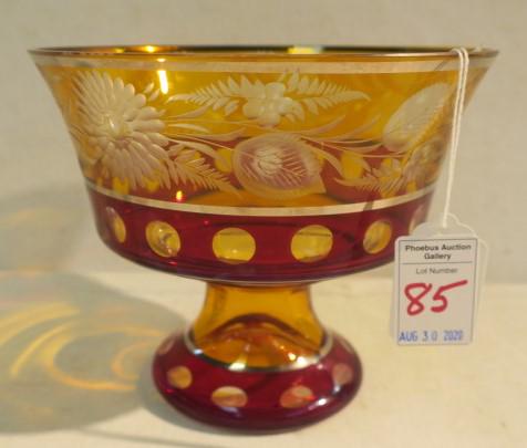 Bohemian Ruby & Amber Cut to Clear Glass Compote:: Bohemian Ruby & Amber Cut to Clear Glass Compote: Top Band Amber Cut to Clear Florals over Ruby Band Cut to Clear Circles. Graceful Amber Neck over Ruby Band Repeated on Foot. Each Band Separated by S