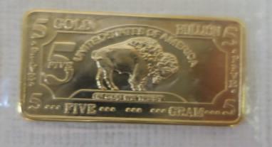 Five Gram .999 Gold Buffalo 100 Mills Ingot:: Five Gram .999 Gold Buffalo 100 Mills Ingot: (500-800)