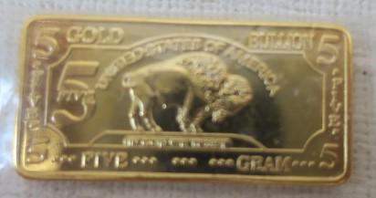 Five Gram .999 Gold Buffalo 100 Mills Ingot:: Five Gram .999 Gold Buffalo 100 Mills Ingot: (500-800)