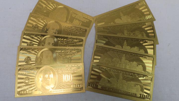 Ten 24 KT Gold Foil $100 Dollar Bills:: Ten 24 KT Gold Foil $100 Dollar Bills: Embossed and Covered in 24 KT .999 Fine Gold. (80-160)