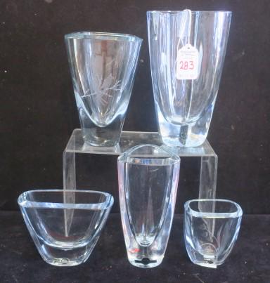 Five STROMBERGSHYTTAN Sweden Blue Tinted Glass Vases:: Five STROMBERGSHYTTAN Sweden Blue Tinted Glass Vases: Squared Vase with Etched Cardinals is 6"T. Three Lobed Vase is 7 1/4"T. Etched Bell Flowers is 3 1/4"T. One is 3 1/2"T and 6"T Three Sided Vase. A