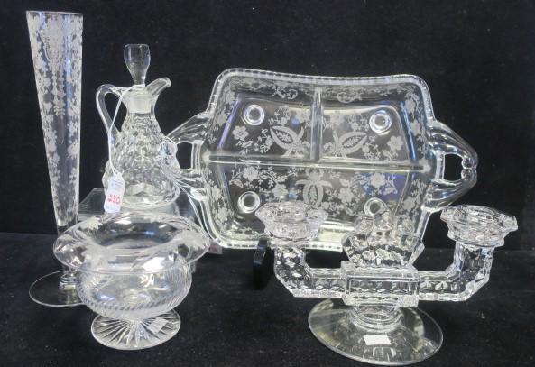 Three Vintage Elegant Glass Pieces and Cut Vase:: Three Vintage Elegant Glass Pieces and Cut Vase: Floral Etched Bud Vase is 10 3/8"T. Etched 3-Part Handled Dish is 12 3/4" X 7 1/2". Flakes on Feet. Fostoria American Double Candlestick is 4 1/2"T, 8 