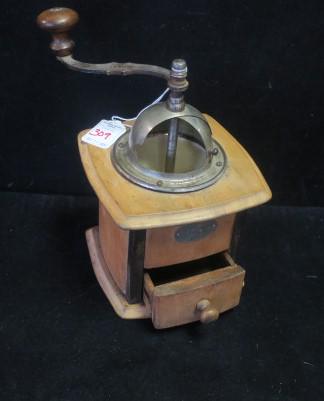 Antique German Coffee Grinder:: Antique German Coffee Grinder: Zassenhaus Quality Ware German Mill with Single Drawer, Medallion Grinder. Corner Posts all Metal on 5" Square Platform. (50-100)