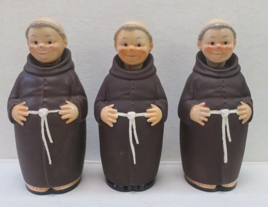 Three GOEBEL FRIAR TUCK "Fat" Brown Decanters:: Three GOEBEL FRIAR TUCK "Fat" Brown Decanters: Two with TMK 3 Marks and One with Goebel Bee TMK 5. 10 3/4" Tall. (100-150)