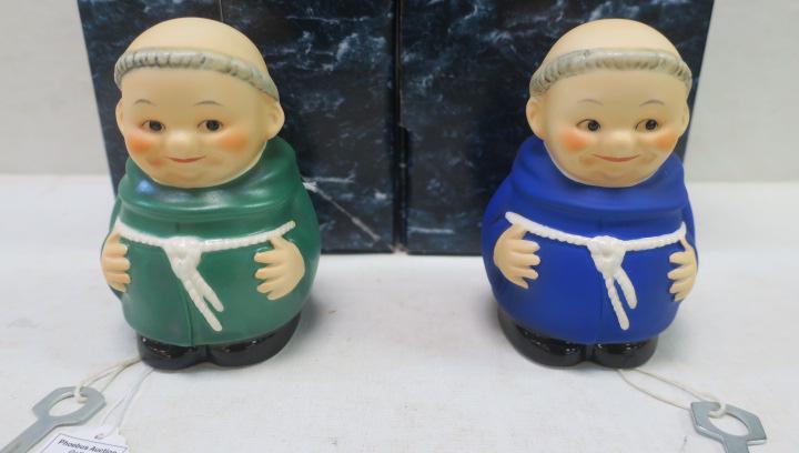 Two GOEBEL Blue & Green FRIAR TUCK Banks with Keys:: Two GOEBEL Blue & Green FRIAR TUCK Banks with Keys: Goebel TMK 7 Marks. Blue Bank Marked 105/300, Green Marked 323/300. In Original Packaging. (100-200)