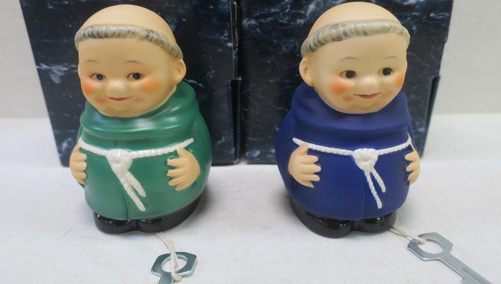 Two GOEBEL Blue & Green FRIAR TUCK Banks with Keys:: Two GOEBEL Blue & Green FRIAR TUCK Banks with Keys: Goebel TMK 7 Marks. Blue Bank Marked 105/300 Green Marked 4/300. In Original Packaging. 4 3/4" Tall. (100-200)