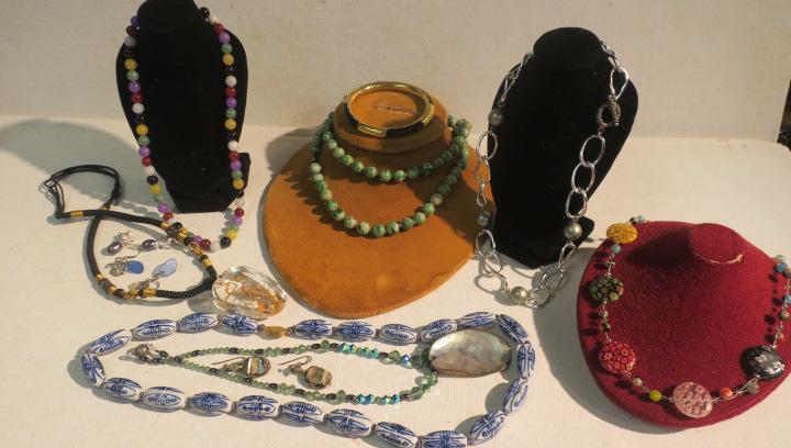 Multitude of Ladies Costume Jewels:: Multitude of Ladies Costume Jewels: Silver Tone 16" Chain Necklace/Grey Beads, Cord Necklace w/ Scorpion in Lucite Pendant, Aurora Borealis Bead Necklace/Abalone Shell & Earrings, Gold/Black Bangle Br