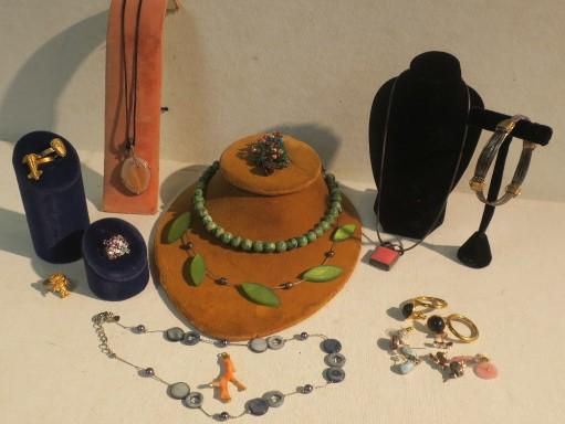 Assortment of Women's Costume Jewelry:: Assortment of Women's Costume Jewelry: 3 Goldtone Fetish Rings, Silver & Gold Wire Bracelet, Green Agate 16" Necklace, Oval Agate Pendant, Cocktail Ring, Blue & Purple Stones, Bead Christmas Tree Pin,