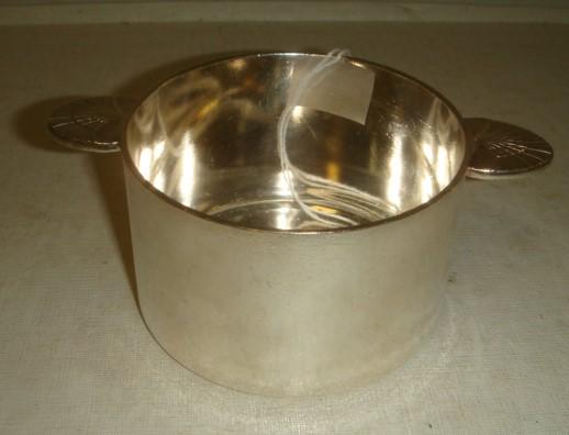 SILVER SOLDERED CASSEROLE, SS UNITED STATES:: SILVER SOLDERED CASSEROLE, SS UNITED STATES: By International Silver, Marked US Lines 52. 3 3/4" Diameter with Manhattan Style Handles. From SS UNITED STATES AUCTION, OCTOBER 1984. (150-300)