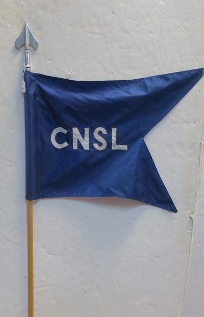 US NAVY Guidon "CNSL" Great Lakes Training Command:: US NAVY Guidon "CNSL" Great Lakes Training Command: Deep Blue Guidon w/ Letters CNSL, Measures 20" x 29" Attached to 53" Pole with Guidon Chrome Spear Point. (100-200)