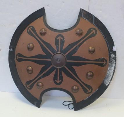 SHIELD of ARCHILLES, Replica of Ancient Theban Shield:: SHIELD of ARCHILLES, Replica of Ancient Theban Shield: Steel Shield in the Theban Style with Cutouts at Sides. 44" Diameter 26 lbs. In Style as used by Greek Hoplites at Marathon or Troy. Handles for 