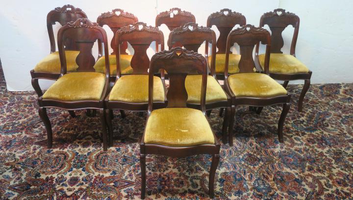 Set of 10 Hand Made Carved Dining Side Chairs:: Set of 10 Hand Made Carved Dining Side Chairs: Carved Crest Rail with Open Heart at Center. Vasoform Splat with Scroll. Shaped Seat Rail, Set in Gold Velvet Upholstered Seats. Each a Tiny Bit Differen