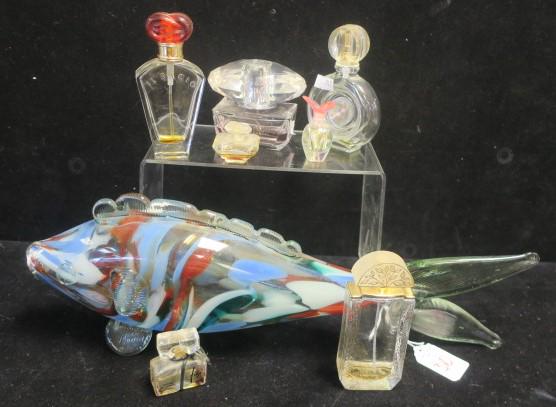 7 Assorted Famous Maker Perfume Bottles, Glass Fish:: 7 Assorted Famous Maker Perfume Bottles, Glass Fish: Includes Lalique, Versace Bright Crystal, Lancome Tresor, Guy Laroche Fidgi, Il Bacio, OJA? Small Bottle with Butterfly Stopper. Rochas Byzantine.