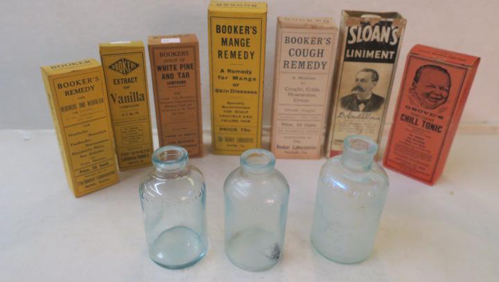 ANTIQUE and VINTAGE PATIENT MEDICINE Bottles & Boxes:: ANTIQUE and VINTAGE PATIENT MEDICINE Bottles & Boxes: GROVES "LAUGHING BABY" Box, BOOKER'S (a Norfolk Company) that made COUGH REMEDY, HEADACHE & NEURALGIA Medicine, MANGE and SYRUP OF WHITE PINE & TA