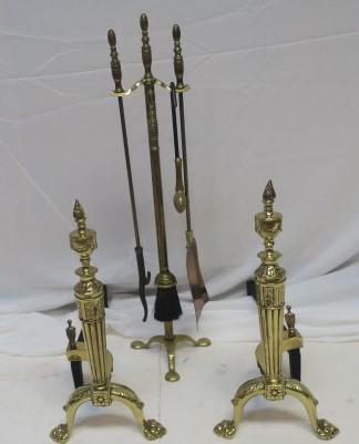Vintage Brass Andirons and Fireplace Tools:: Vintage Brass Andirons and Fireplace Tools: Tapering Andirons with Flame Finials and Paw Feet are 18 1/2"T Attached to Cast Iron Log Supports. Five Piece Brass Fire Tools Include Stand with Poker, Bro
