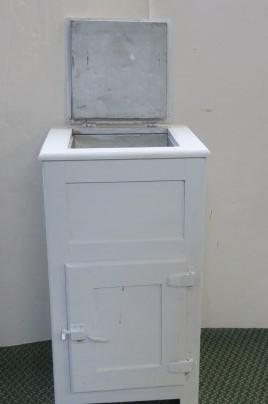 Small Counter High Antique Ice Box, Painted White:: Small Counter High Antique Ice Box, Painted White: Perfect for the Class of 1915. Single Tin Lined Ice Compartment over Freezer Box with Lock. 34" x 18" x 16". (100-300)
