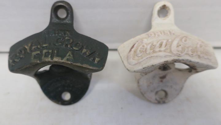 Wall Mount Coca Cola & Royal Crown Cola Bottle Openers: Wall Mount Coca Cola & Royal Crown Cola Bottle Openers Both Mount on Wall and Made by STARR Co. Coca Cola One Painted White. (30-60)