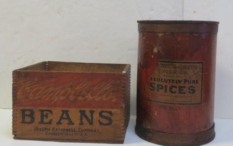 Vintage CAMPBELLS Beans Crate, and Spice Barrel:: Vintage CAMPBELLS Beans Crate, and Spice Barrel: Campbells Bean Finger Jointed Wooden Crate Ca 1920's is 9 1/2"T, 15" X 11 1/2". Large Wooden Barrel with Carved Lid has Paper Label "Weikel & Smith Spi