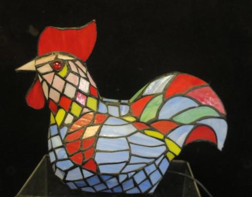 Slag Glass NESTING CHICKEN Table Lamp:: Slag Glass NESTING CHICKEN Table Lamp: Done in Red, White, Yellow and Blue Glass 9 1/2" x 13" x 5 1/2". Working Order with Line Switch. (150-300)