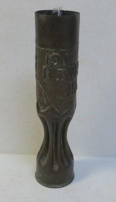 World War I Trench Art 75mm Shell Casing Vase:: World War I Trench Art 75mm Shell Casing Vase: Engraved "1918- 11 D11HR IIMTH" with Prickly Flower. 13 1/2" Tall. (100-200)