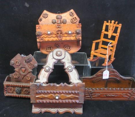 Folk/Tramp Art Wall Pockets and Clothspin Rocker:: Folk/Tramp Art Wall Pockets and Clothspin Rocker: Doll Size Rocking Chair is 7 1/2"T. Four Chip Art Wall Pockets with Walnut Slice Decoration and Two with Milk Glass Buttons. (40-80)