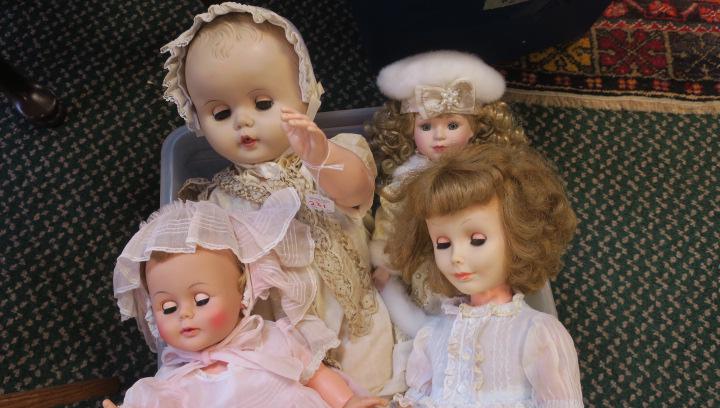 Four Assorted Vintage Dolls:: Four Assorted Vintage Dolls: Deluxe Reading Corp 21"T Doll, 24" Drink and Wet Doll and 21"T Ideal Drink and Wet Doll. Porcelain Collector Doll on Stand. (40-80)