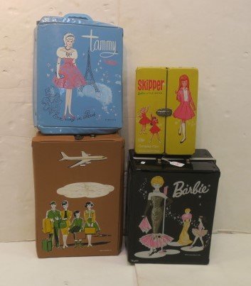 Four Vinyl Doll Cases Including Barbie and Skipper:: Four Vinyl Doll Cases Including Barbie and Skipper: Large Black Vinyl Barbie Case Dated 1962. Yellow Skipper Case Dated 1964. Brown Remco Industies Inc. Case with Family and Plane on Front. Blue Tammy