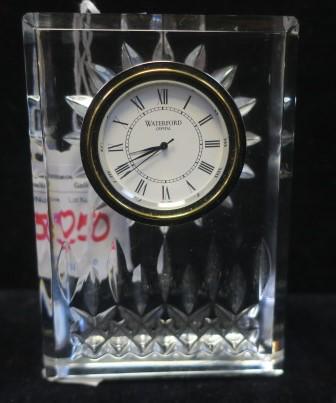 Singed Waterford Crystal "Lismore" Clock:: Singed Waterford Crystal "Lismore" Clock: Lead Clear Ccrystal Closck Designed by iroslav Havel. Rectangular Shape, Beveled Edges. In Excellent Conditionh. Signed Wwaterford, Ireland. 4.24"T, 3"W, 1.25