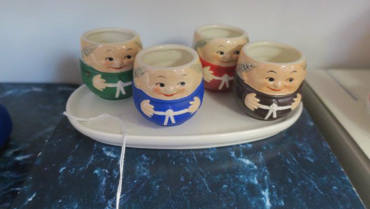 GOEBEL, Four FRIAR TUCK CORDIALS on Tray:: GOEBEL, Four FRIAR TUCK CORDIALS on Tray: 1/2" Tall Cordials in Green, Red, Blue and Brown. in Original Packaging. (50-100)