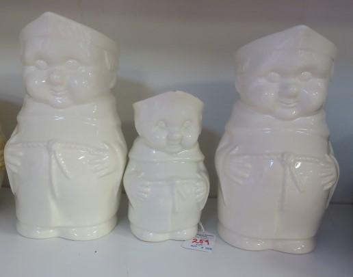 GOEBEL, Three Glazed White Cardinal Tuck Pitchers:: GOEBEL, Three Glazed White Cardinal Tuck Pitchers: Two 8" Pitchers with Strainer Spout and One Six Inch Pitcher. (100-200)